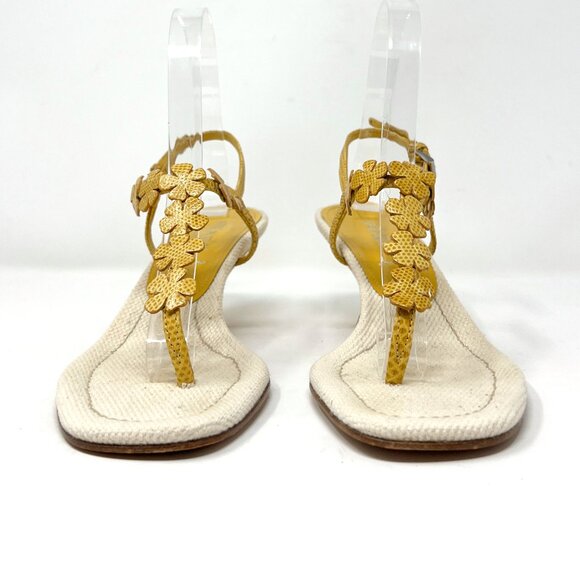 Vintage PRADA Y2K Floral Kitten Heels Size 37 | Yellow Woven Sandals - Picture 4 of 9